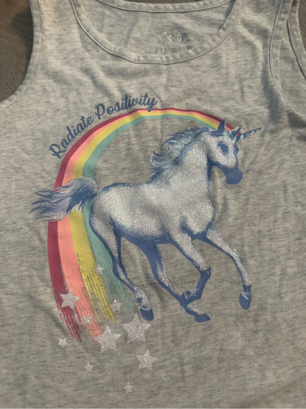 Justice Light Gray Tank with Glitter Unicorn and Rainbow